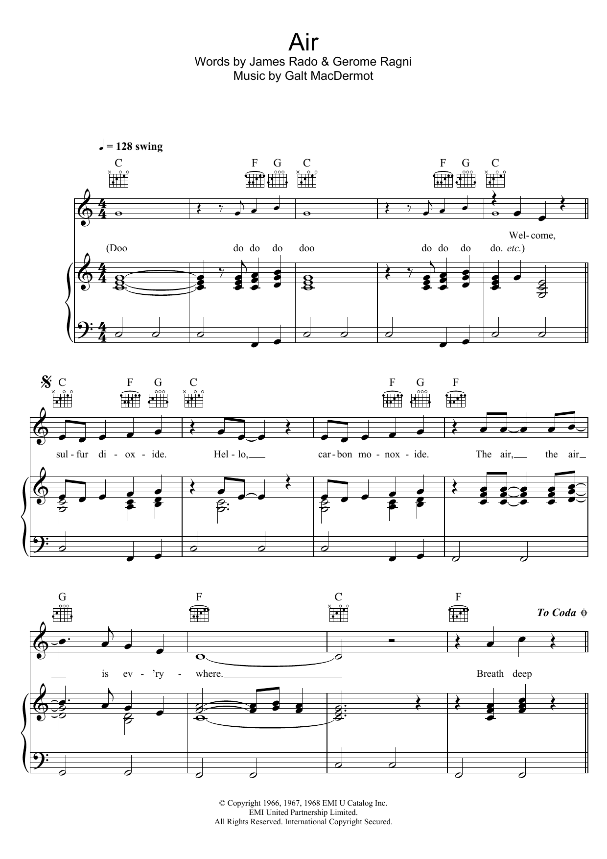 Download Galt MacDermot Air (from 'Hair') Sheet Music and learn how to play Piano, Vocal & Guitar (Right-Hand Melody) PDF digital score in minutes