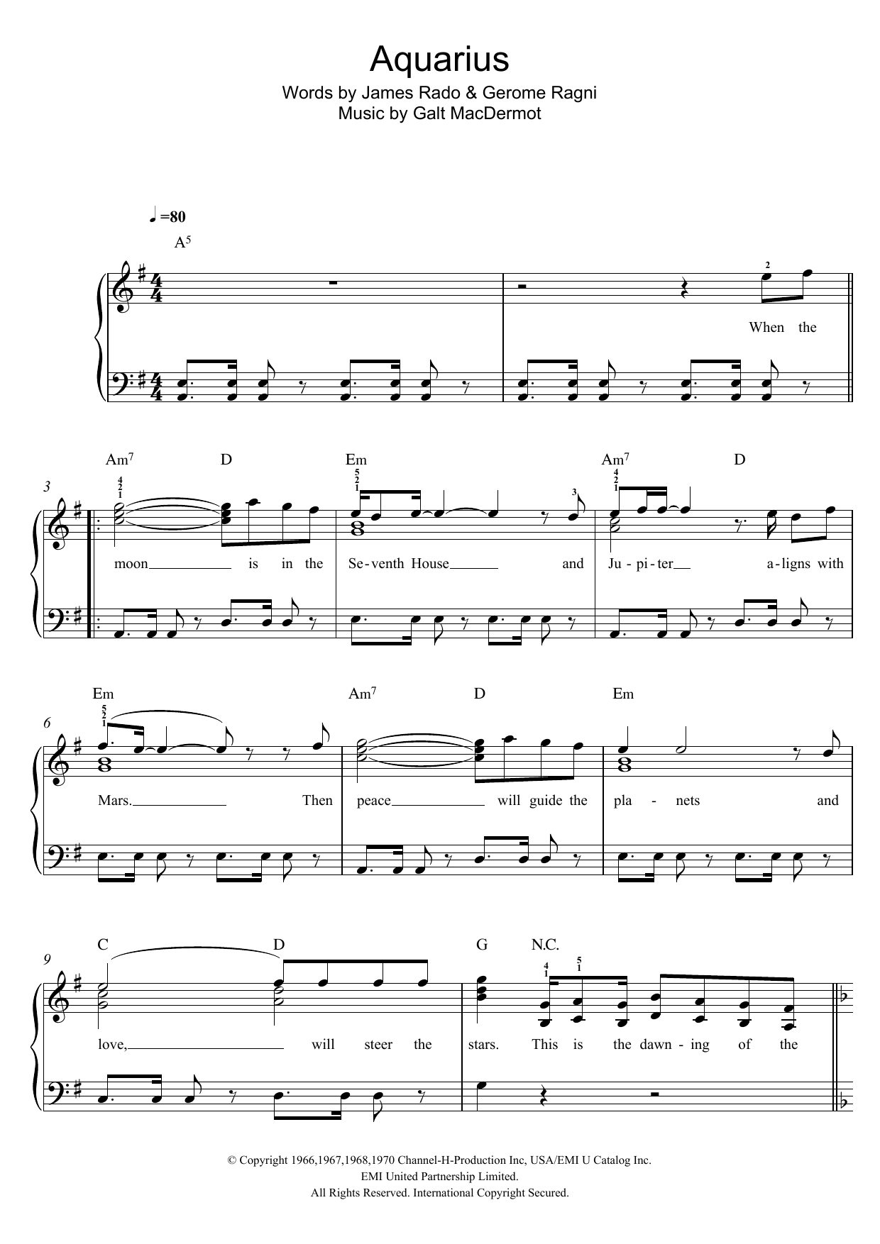 Download Galt MacDermot Aquarius (from 'Hair') Sheet Music and learn how to play Easy Piano PDF digital score in minutes