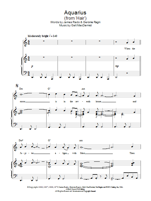 Download Galt MacDermot Aquarius (from 'Hair') Sheet Music and learn how to play Piano, Vocal & Guitar (Right-Hand Melody) PDF digital score in minutes