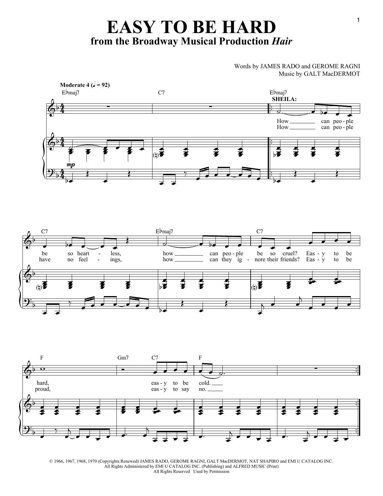 Download Galt MacDermot Easy To Be Hard Sheet Music and learn how to play Real Book – Melody & Chords PDF digital score in minutes