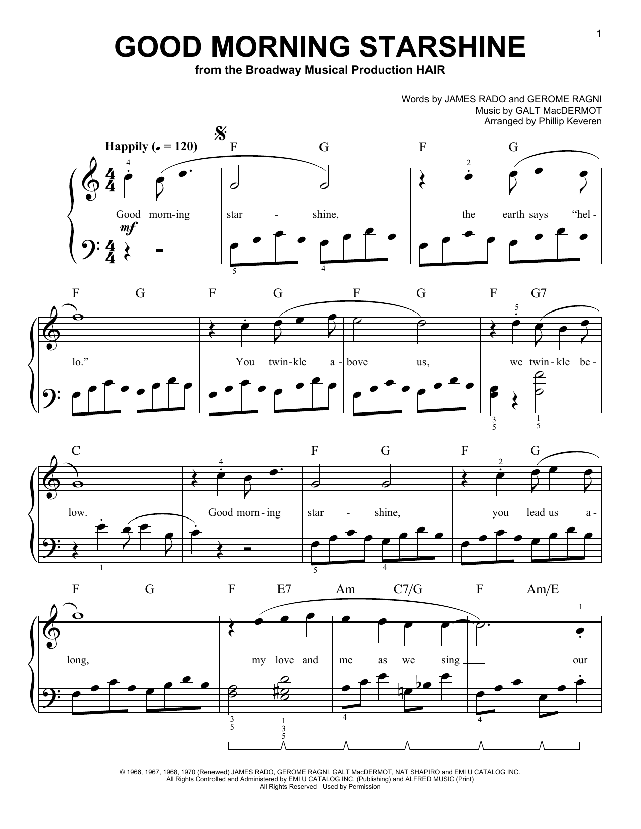 Download Galt MacDermot Good Morning Starshine Sheet Music and learn how to play Easy Piano PDF digital score in minutes