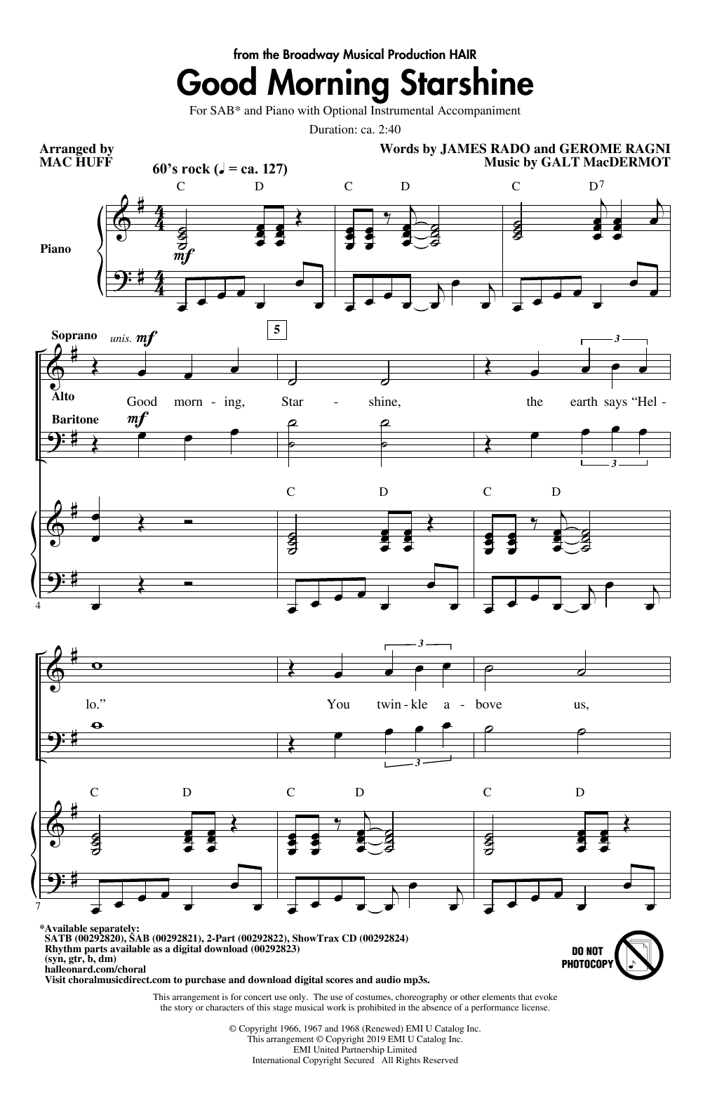 Download Galt MacDermot Good Morning Starshine (from Hair) (arr. Mac Huff) Sheet Music and learn how to play SAB Choir PDF digital score in minutes