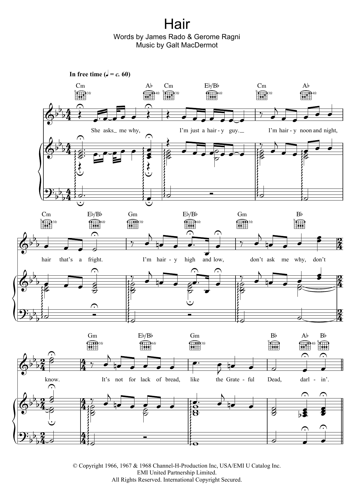 Download Galt MacDermot Hair (from 'Hair') Sheet Music and learn how to play Piano, Vocal & Guitar (Right-Hand Melody) PDF digital score in minutes