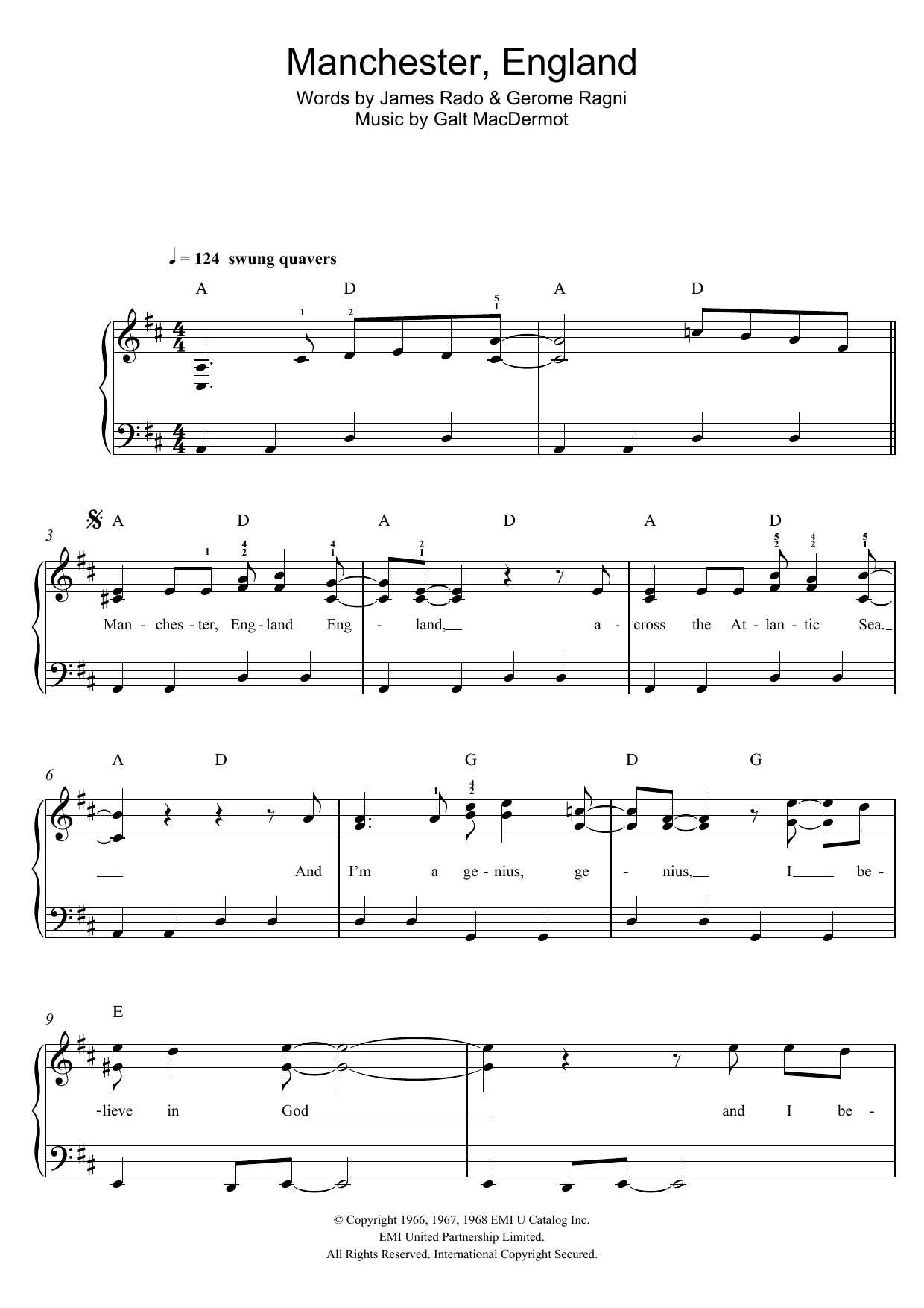 Download Galt MacDermot Manchester, England Sheet Music and learn how to play Easy Piano PDF digital score in minutes