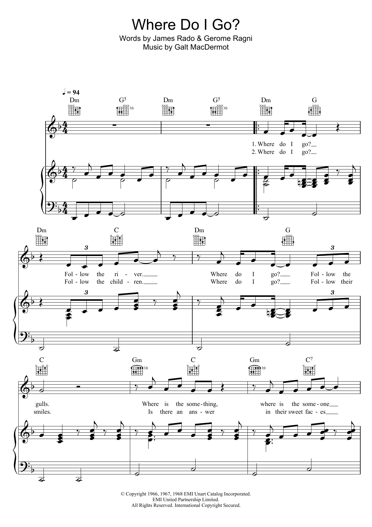 Download Galt MacDermot Where Do I Go? (from 'Hair') Sheet Music and learn how to play Piano, Vocal & Guitar (Right-Hand Melody) PDF digital score in minutes