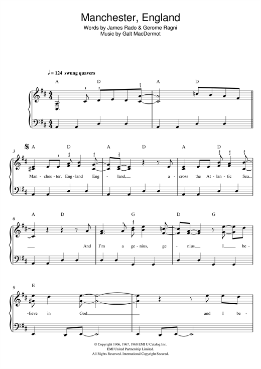 Download Galt MacDermot Manchester, England Sheet Music and learn how to play Easy Piano PDF digital score in minutes