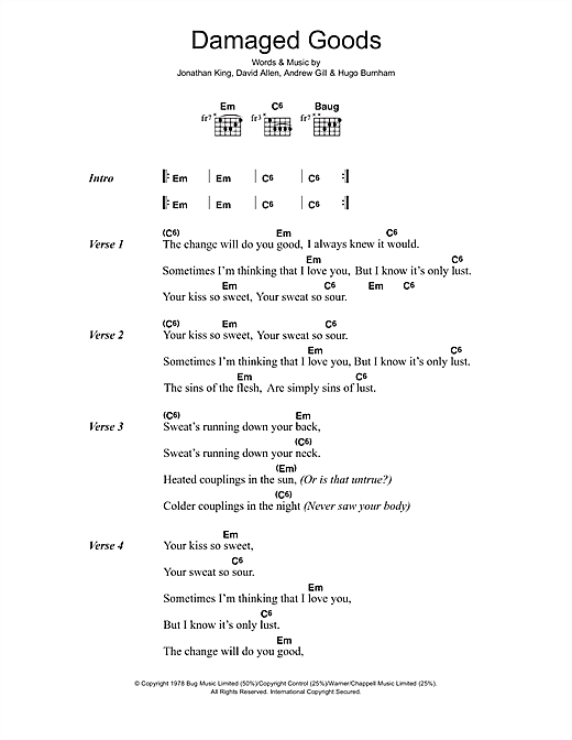 Download Gang Of Four Damaged Goods Sheet Music and learn how to play Lyrics & Chords PDF digital score in minutes
