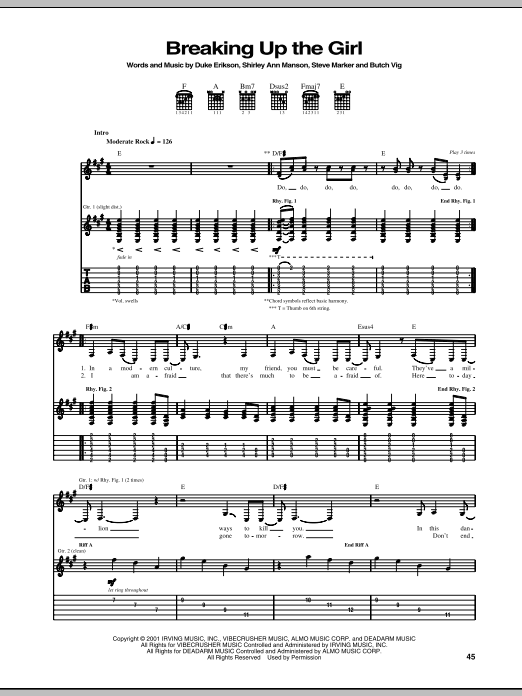 Download Garbage Breaking Up The Girl Sheet Music and learn how to play Guitar Tab PDF digital score in minutes