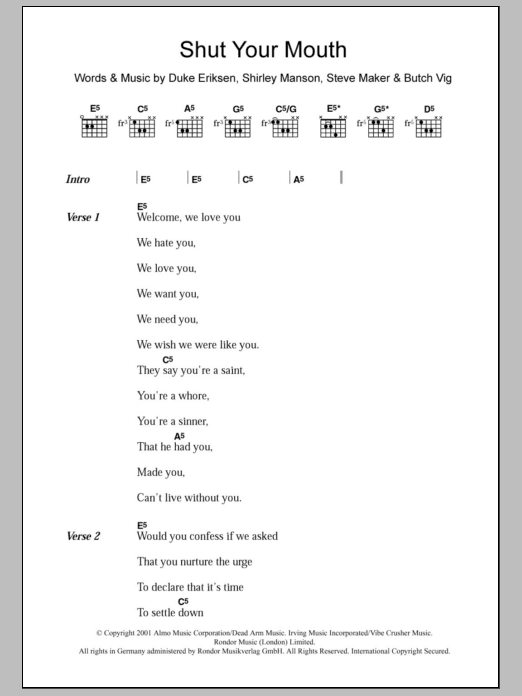 Download Garbage Shut Your Mouth Sheet Music and learn how to play Lyrics & Chords PDF digital score in minutes