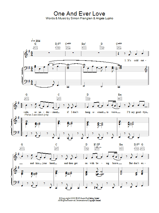 Download Gareth Gates One And Ever Love Sheet Music and learn how to play Piano, Vocal & Guitar PDF digital score in minutes