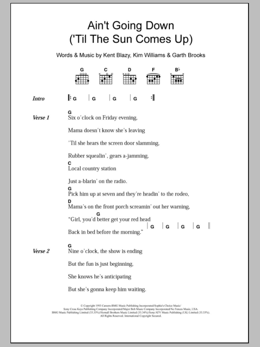 Download Garth Brooks Ain't Going Down (Til The Sun Comes Up) Sheet Music and learn how to play Lyrics & Chords PDF digital score in minutes