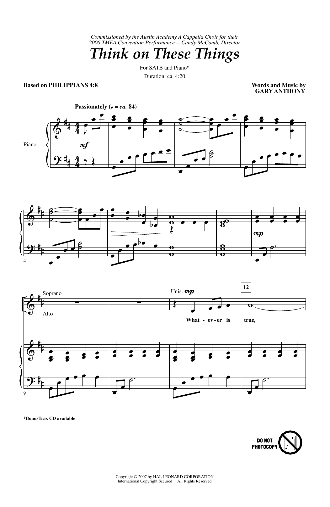 Download Gary A. Anthony Think On These Things Sheet Music and learn how to play SATB PDF digital score in minutes
