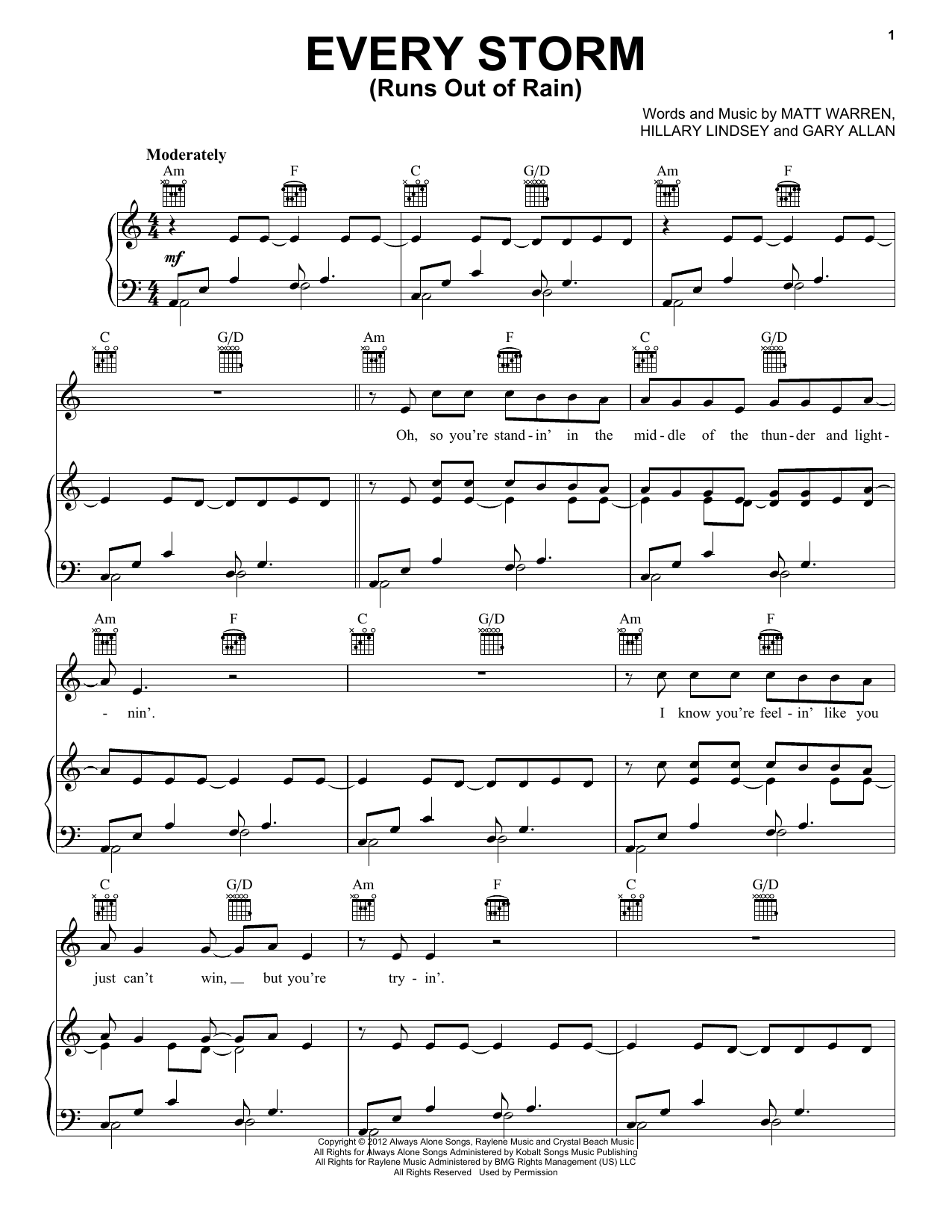 Download Gary Allan Every Storm (Runs Out Of Rain) Sheet Music and learn how to play Easy Piano PDF digital score in minutes