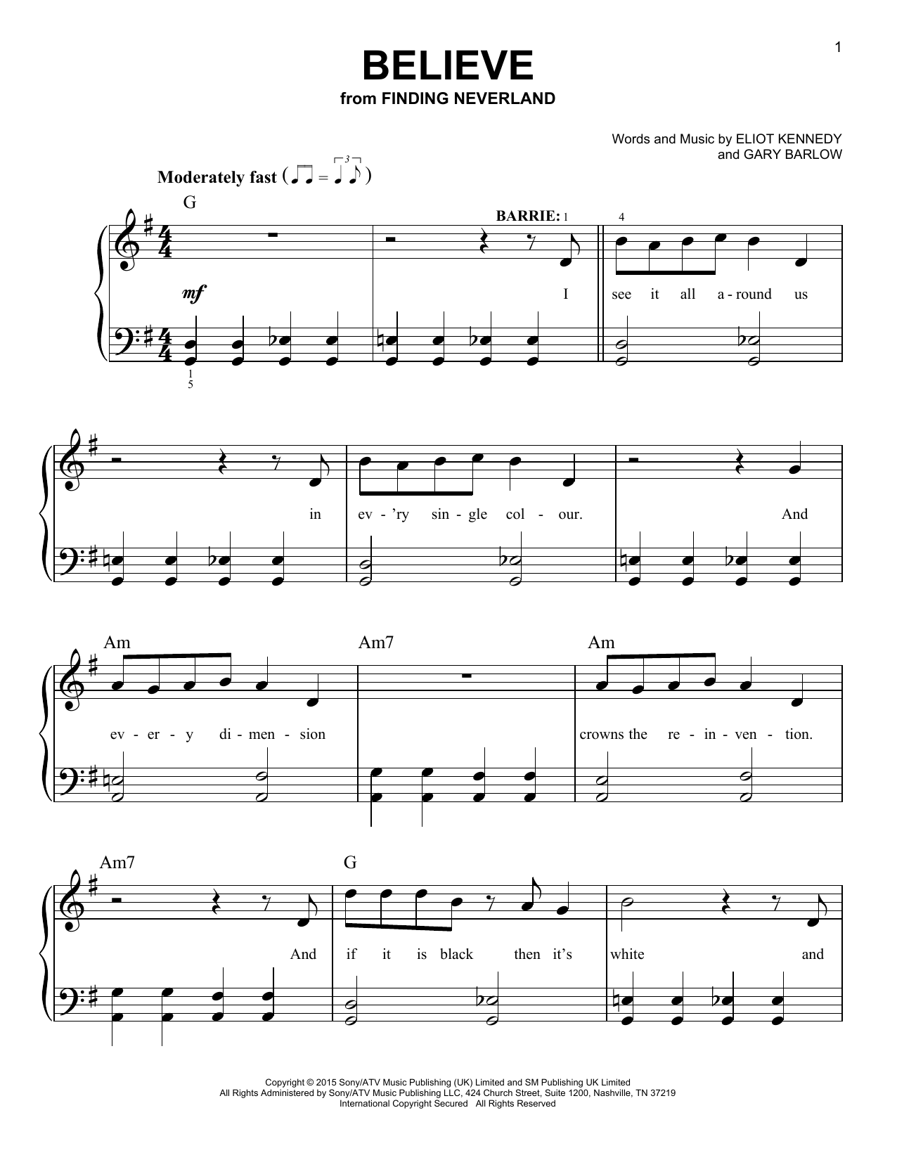 Download Gary Barlow & Eliot Kennedy Believe (from 'Finding Neverland') Sheet Music and learn how to play Easy Piano PDF digital score in minutes