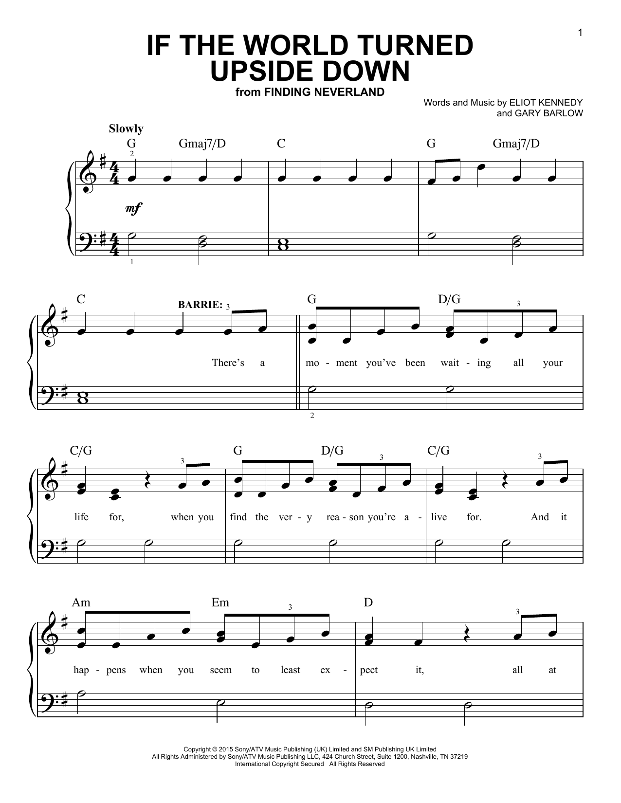 Download Gary Barlow & Eliot Kennedy If The World Turned Upside Down (from 'Finding Neverland') Sheet Music and learn how to play Easy Piano PDF digital score in minutes