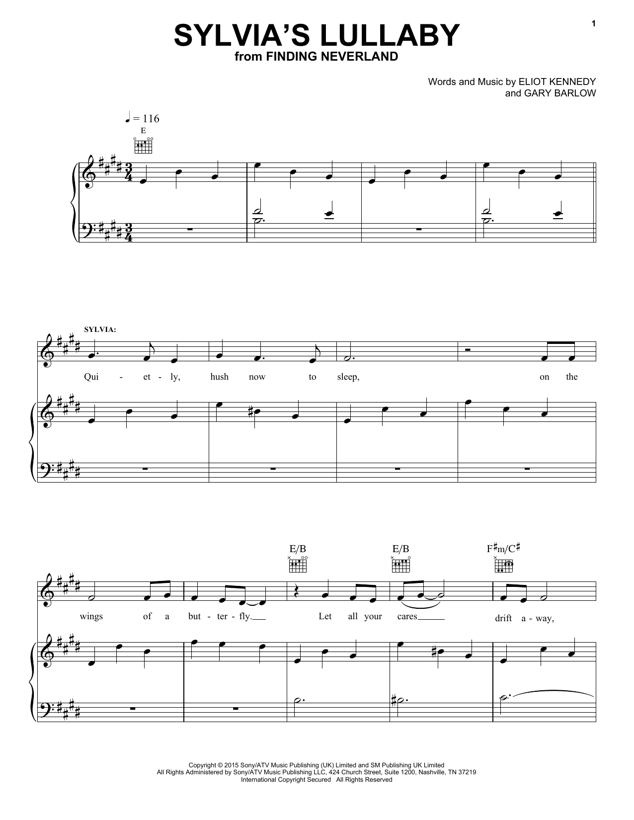 Download Gary Barlow & Eliot Kennedy Sylvia's Lullaby (from 'Finding Neverland') Sheet Music and learn how to play Piano & Vocal PDF digital score in minutes