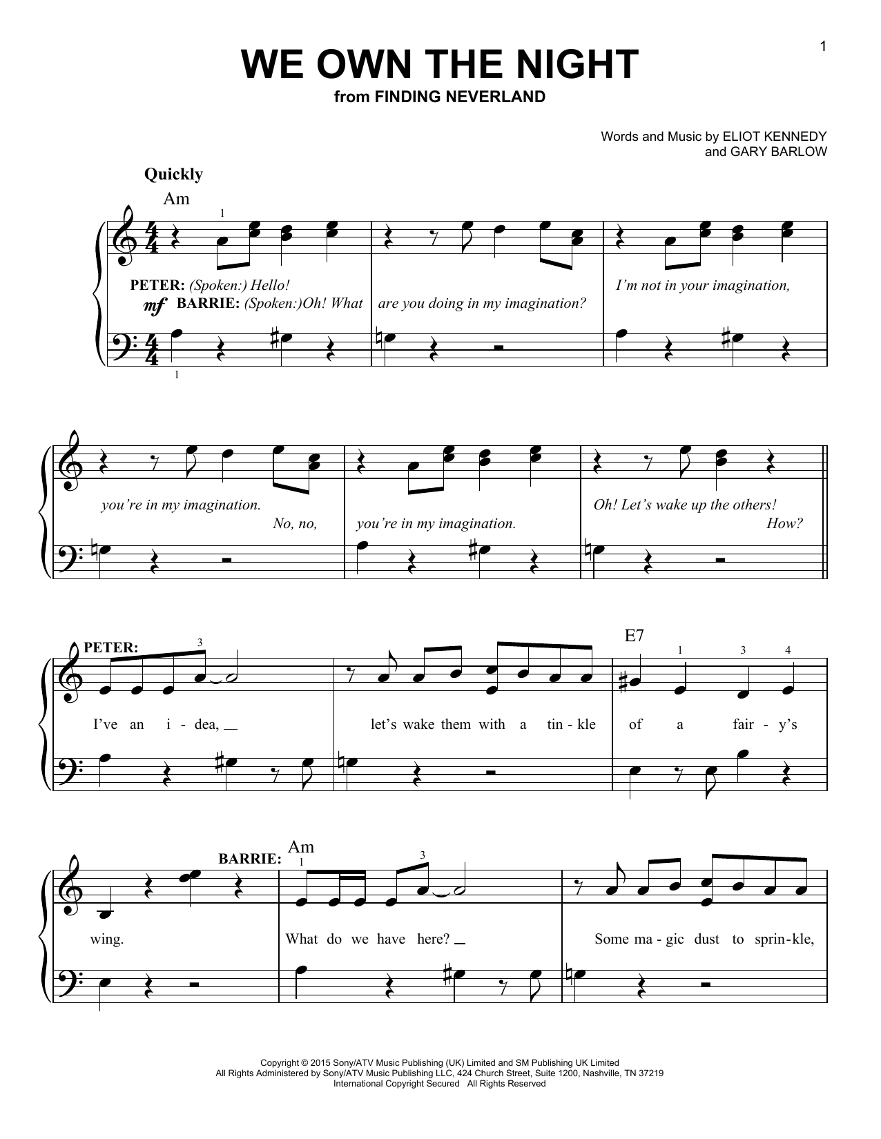 Download Gary Barlow & Eliot Kennedy We Own The Night (from 'Finding Neverland') Sheet Music and learn how to play Easy Piano PDF digital score in minutes