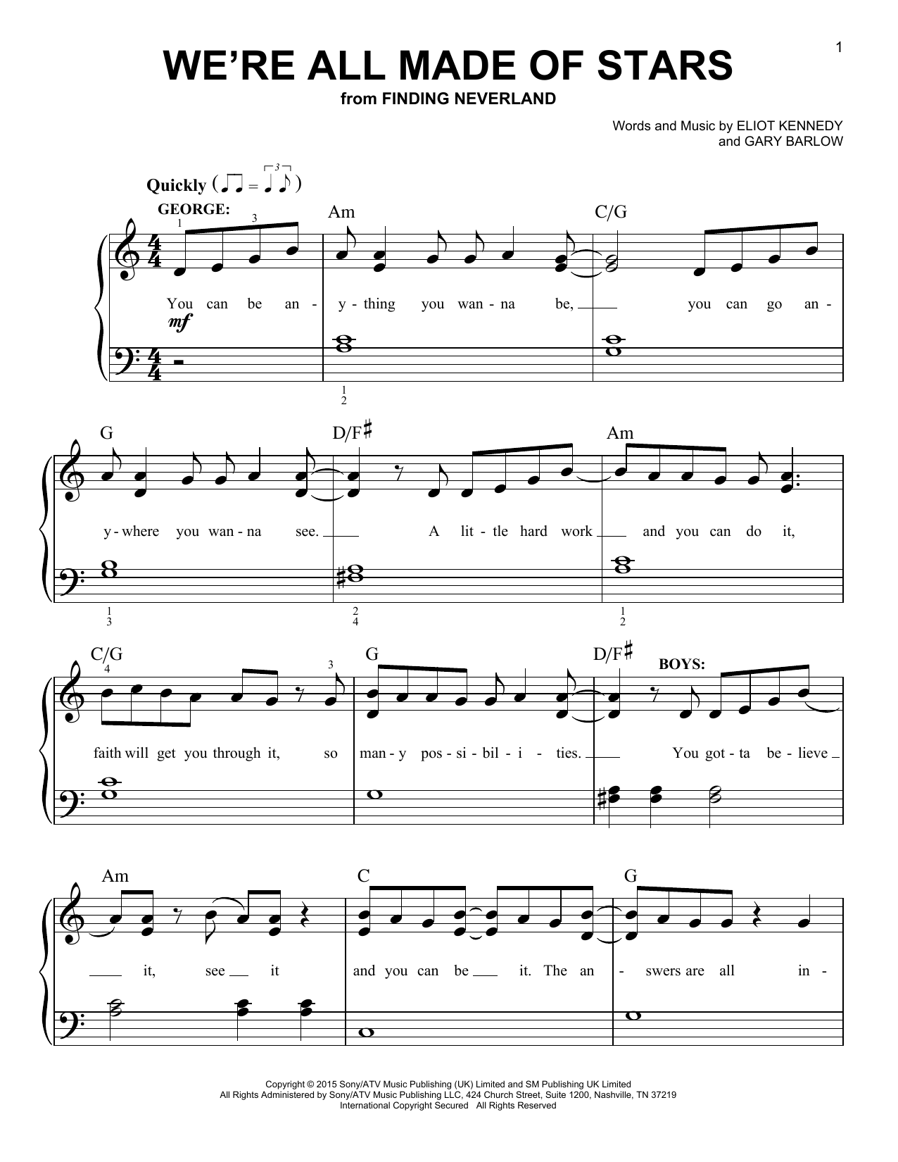 Download Gary Barlow & Eliot Kennedy We're All Made Of Stars (from 'Finding Neverland') Sheet Music and learn how to play Easy Piano PDF digital score in minutes