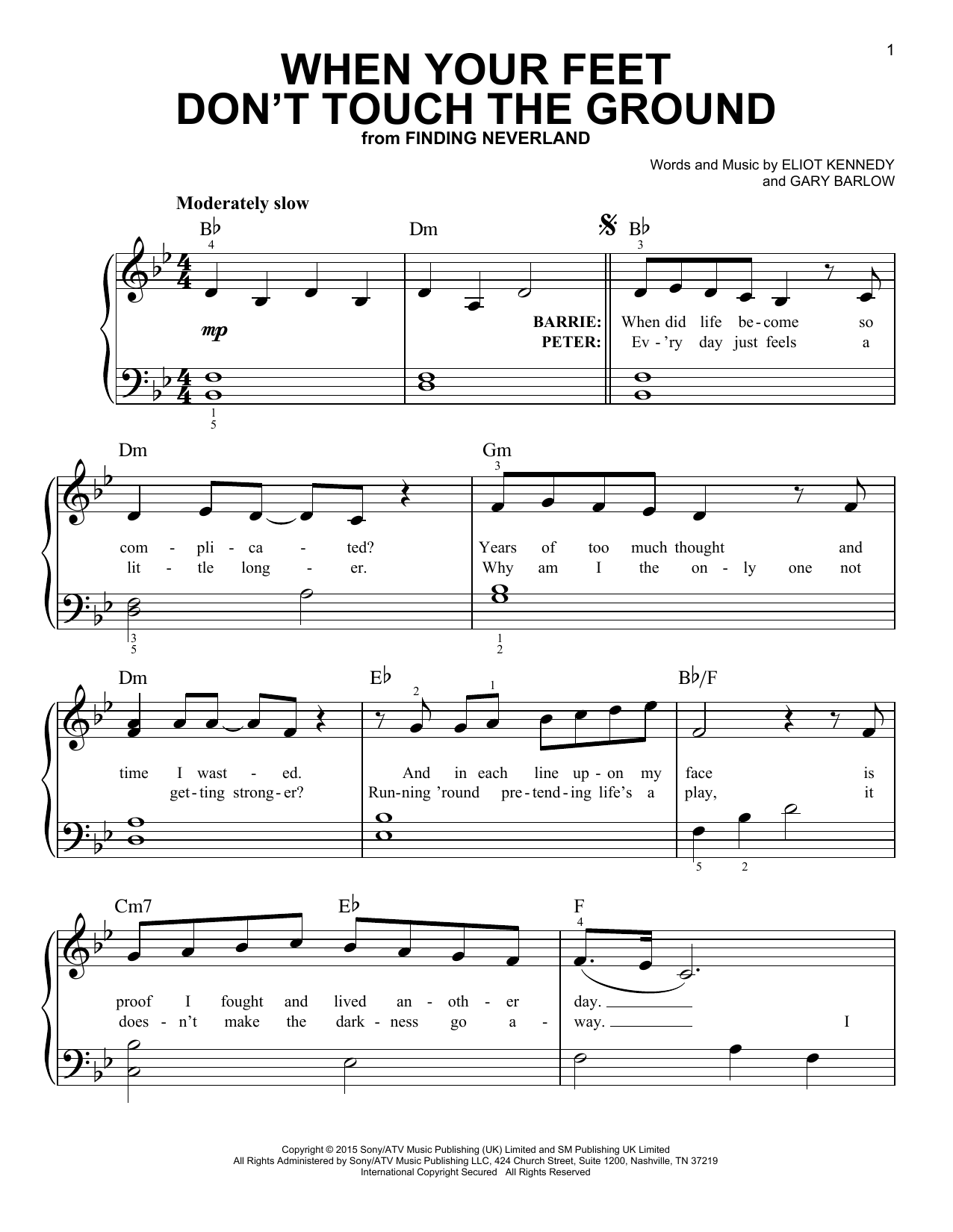 Download Gary Barlow & Eliot Kennedy When Your Feet Don't Touch The Ground (from 'Finding Neverland') Sheet Music and learn how to play Easy Piano PDF digital score in minutes