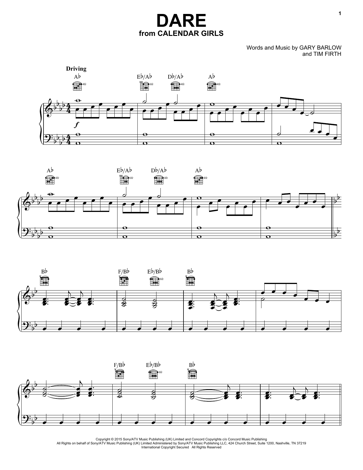 Download Gary Barlow and Tim Firth Dare (from Calendar Girls the Musical) Sheet Music and learn how to play Piano, Vocal & Guitar Chords (Right-Hand Melody) PDF digital score in minutes