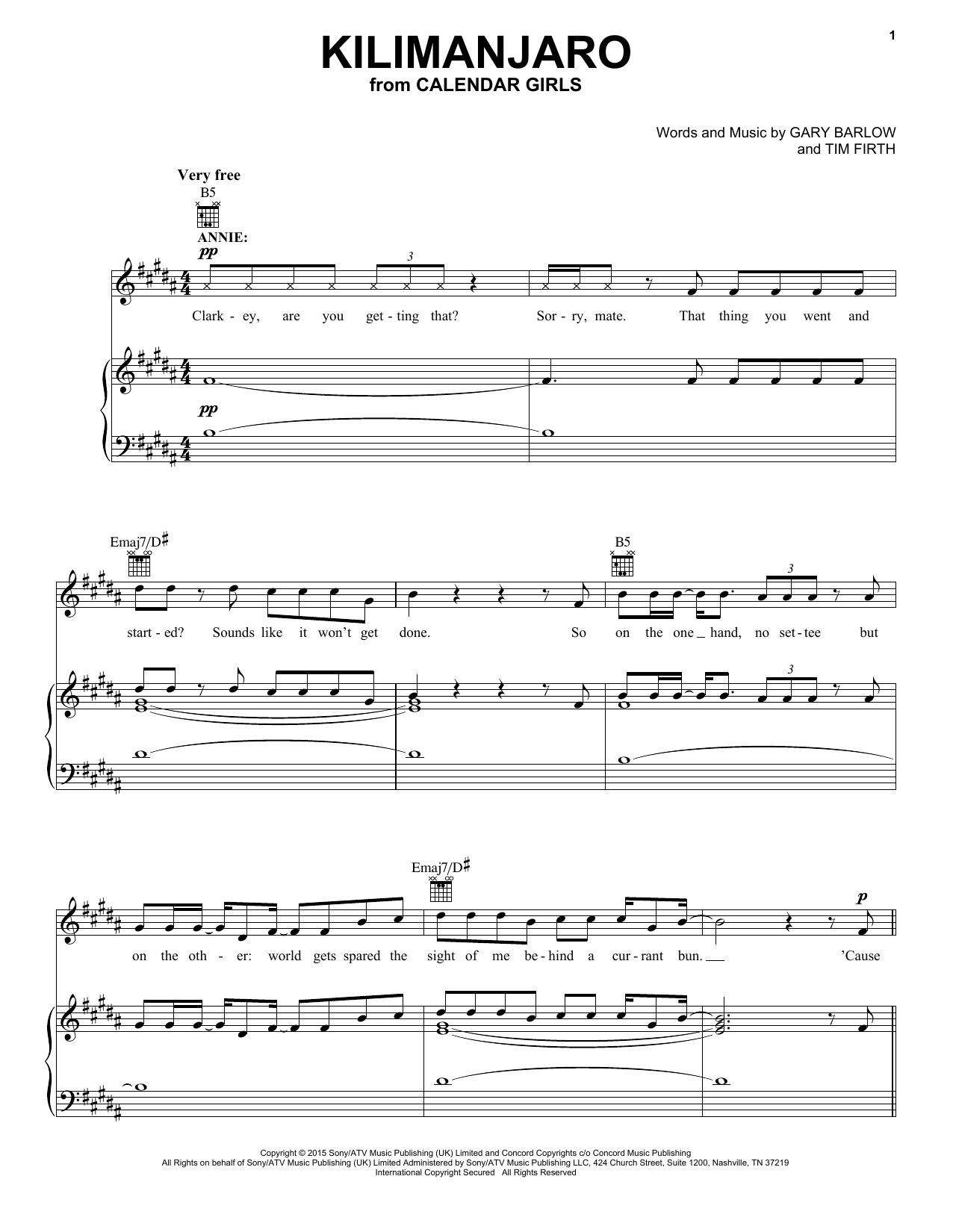 Download Gary Barlow and Tim Firth Kilimanjaro (from Calendar Girls the Musical) Sheet Music and learn how to play Piano, Vocal & Guitar Chords (Right-Hand Melody) PDF digital score in minutes
