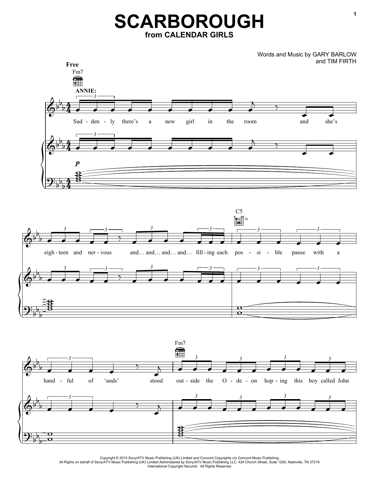 Download Gary Barlow and Tim Firth Scarborough (from Calendar Girls the Musical) Sheet Music and learn how to play Piano, Vocal & Guitar Chords (Right-Hand Melody) PDF digital score in minutes