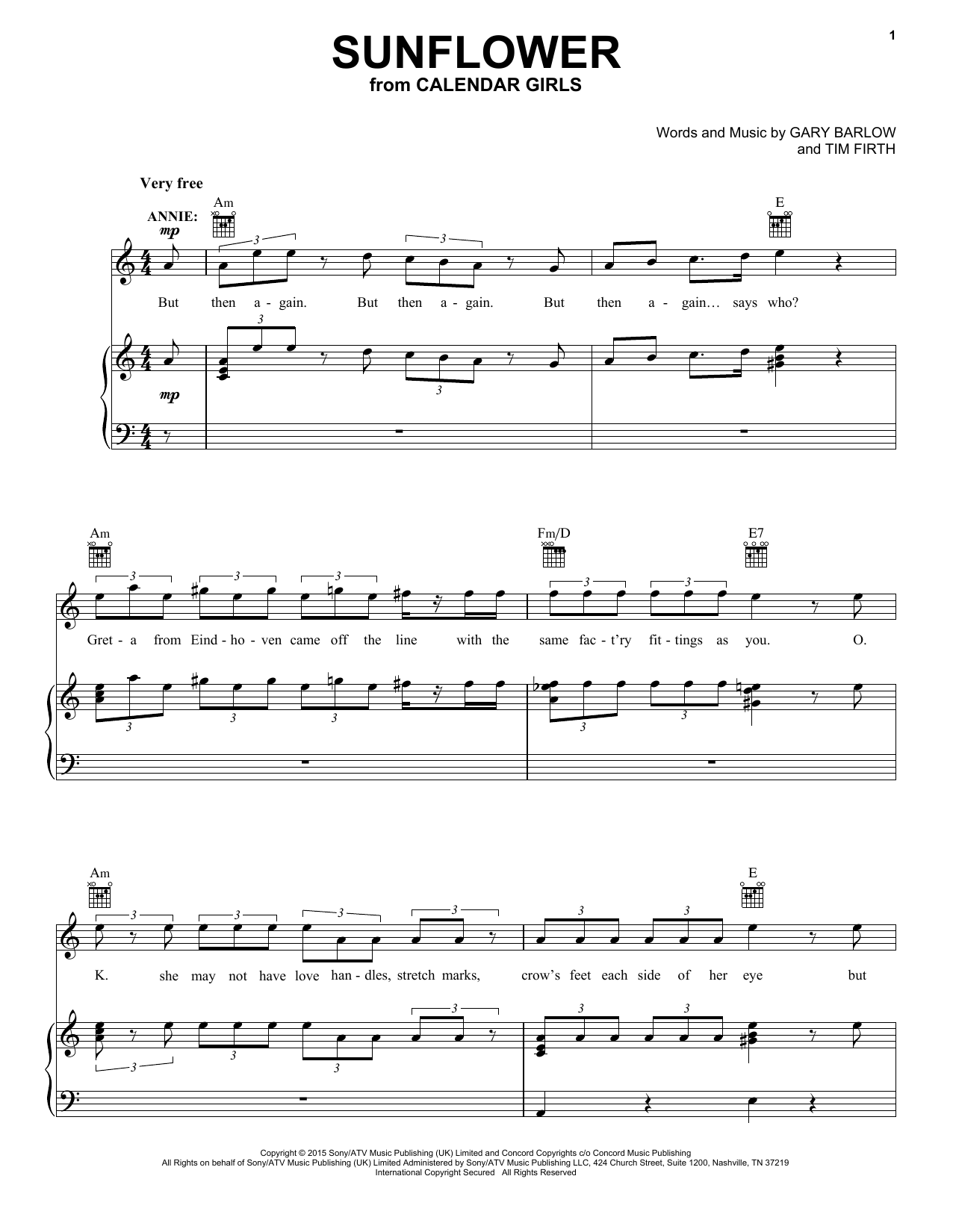 Download Gary Barlow and Tim Firth Sunflower (from Calendar Girls the Musical) Sheet Music and learn how to play Piano, Vocal & Guitar Chords (Right-Hand Melody) PDF digital score in minutes