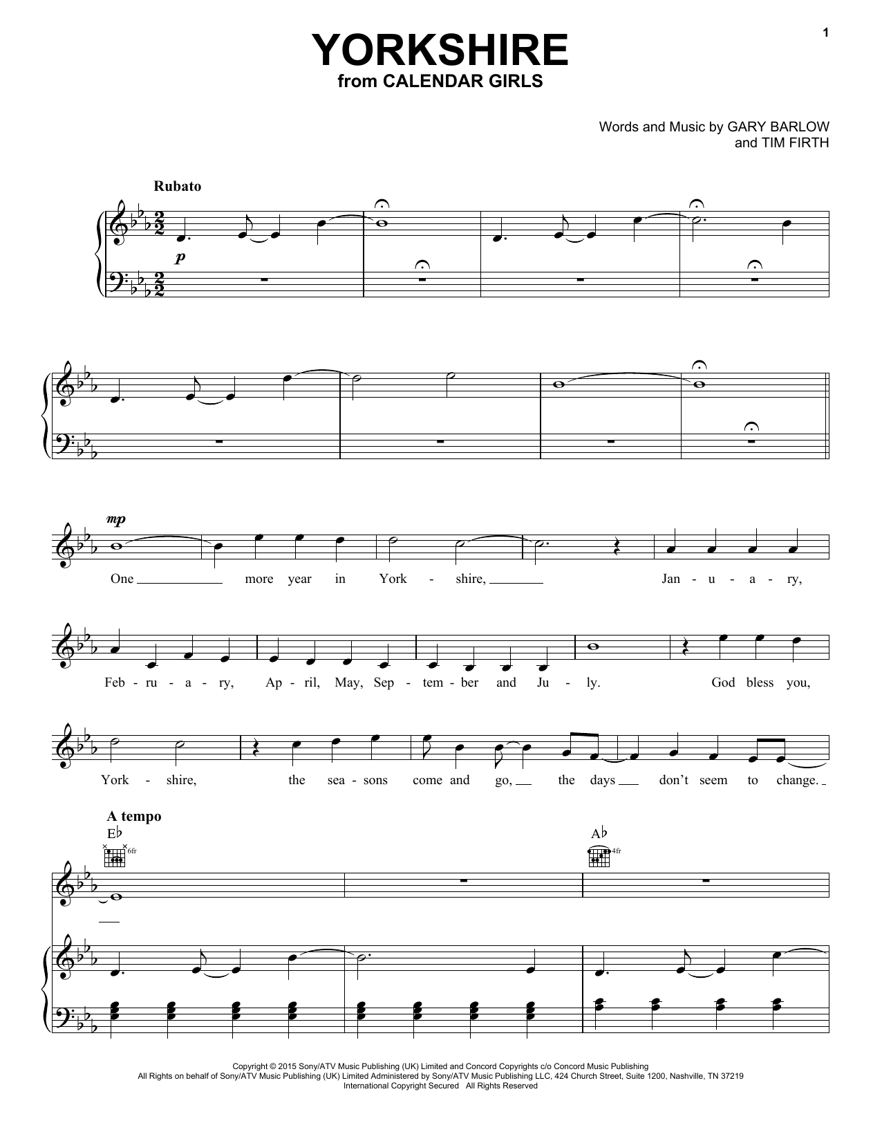 Download Gary Barlow and Tim Firth Yorkshire (from Calendar Girls the Musical) Sheet Music and learn how to play Piano, Vocal & Guitar Chords (Right-Hand Melody) PDF digital score in minutes