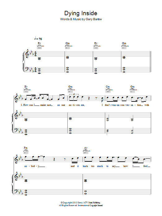 Download Gary Barlow Dying Inside Sheet Music and learn how to play Piano, Vocal & Guitar PDF digital score in minutes
