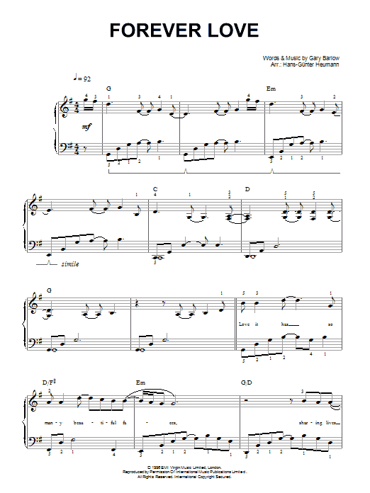 Download Gary Barlow Forever Love Sheet Music and learn how to play Piano, Vocal & Guitar Chords (Right-Hand Melody) PDF digital score in minutes