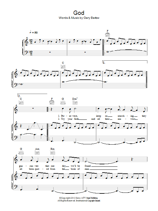 Download Gary Barlow God Sheet Music and learn how to play Piano, Vocal & Guitar (Right-Hand Melody) PDF digital score in minutes
