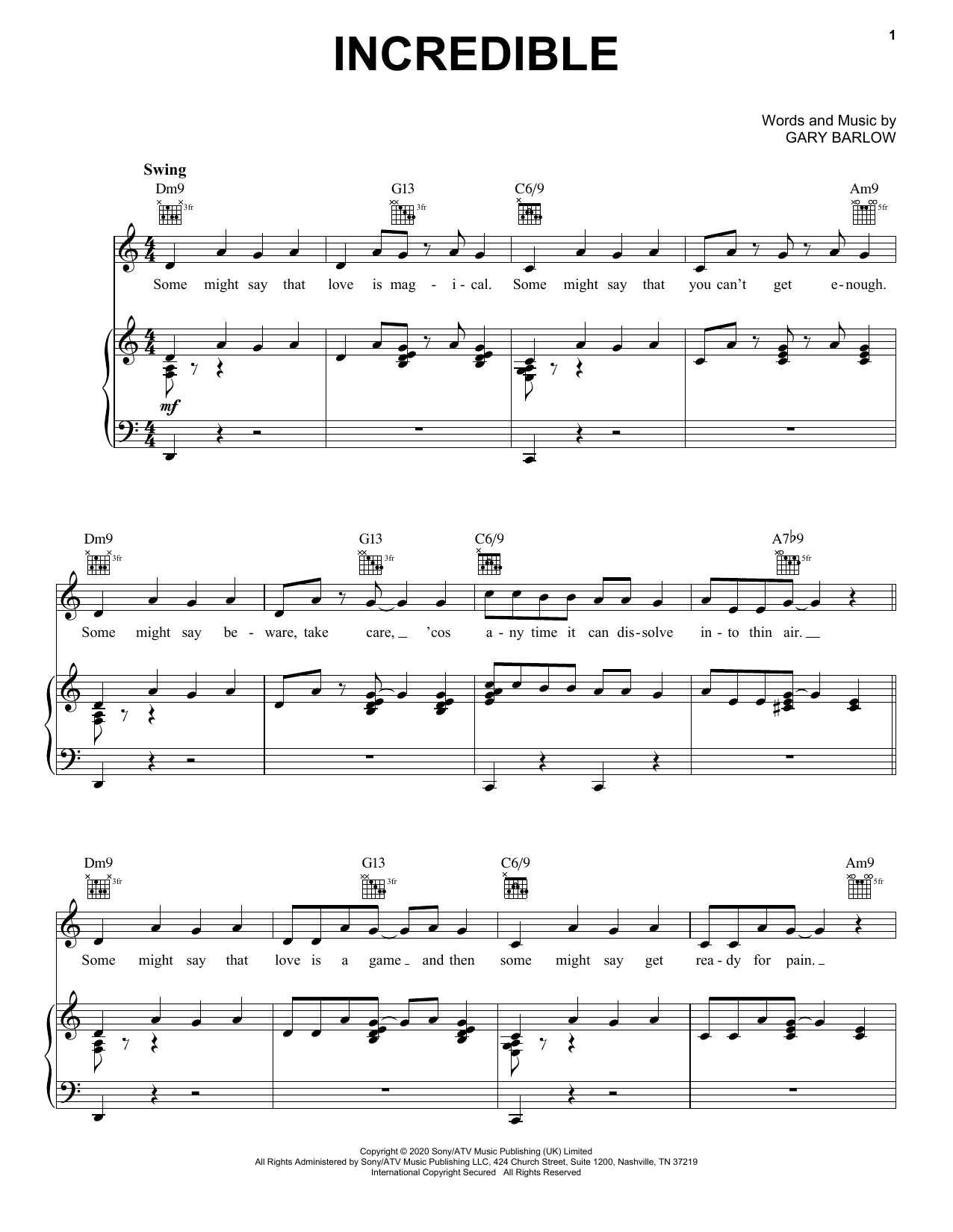 Download Gary Barlow Incredible Sheet Music and learn how to play Piano, Vocal & Guitar Chords (Right-Hand Melody) PDF digital score in minutes