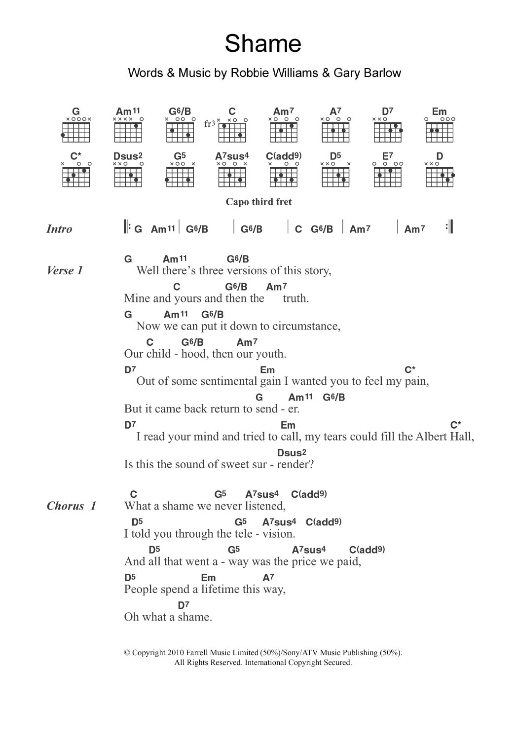 Download Gary Barlow Shame Sheet Music and learn how to play Guitar Chords/Lyrics PDF digital score in minutes