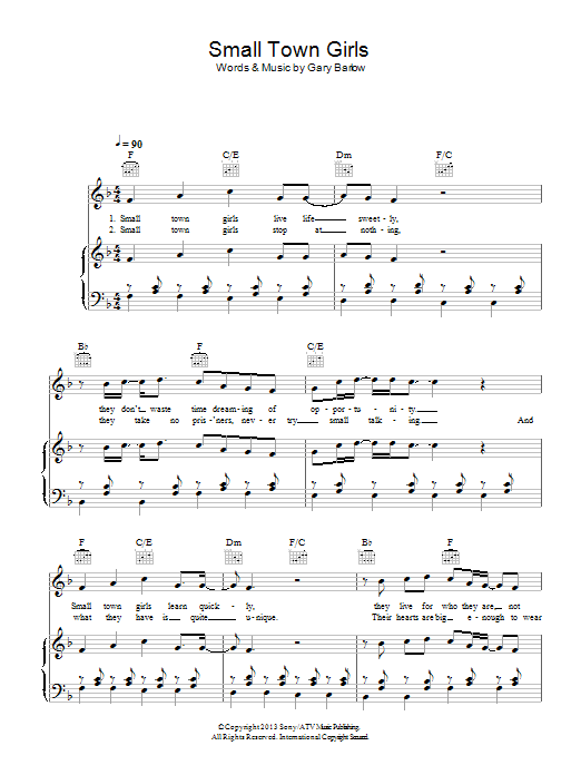 Download Gary Barlow Small Town Girls Sheet Music and learn how to play Piano, Vocal & Guitar (Right-Hand Melody) PDF digital score in minutes