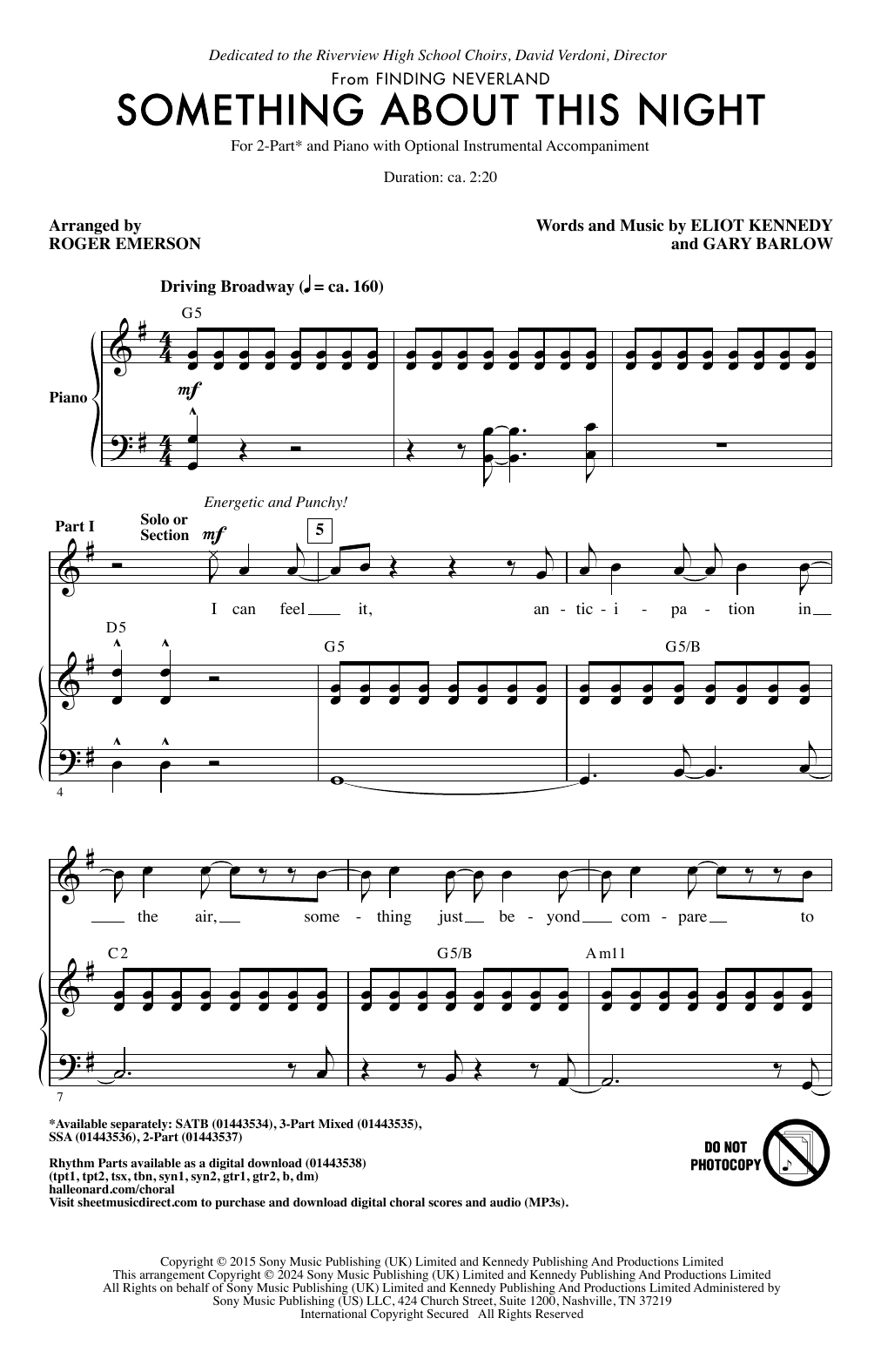 Download Gary Barlow Something About This Night (from Finding Neverland) (arr. Roger Emerson) Sheet Music and learn how to play 2-Part Choir PDF digital score in minutes