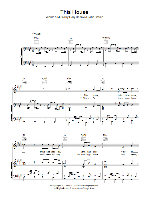 Download Gary Barlow This House Sheet Music and learn how to play Piano, Vocal & Guitar (Right-Hand Melody) PDF digital score in minutes