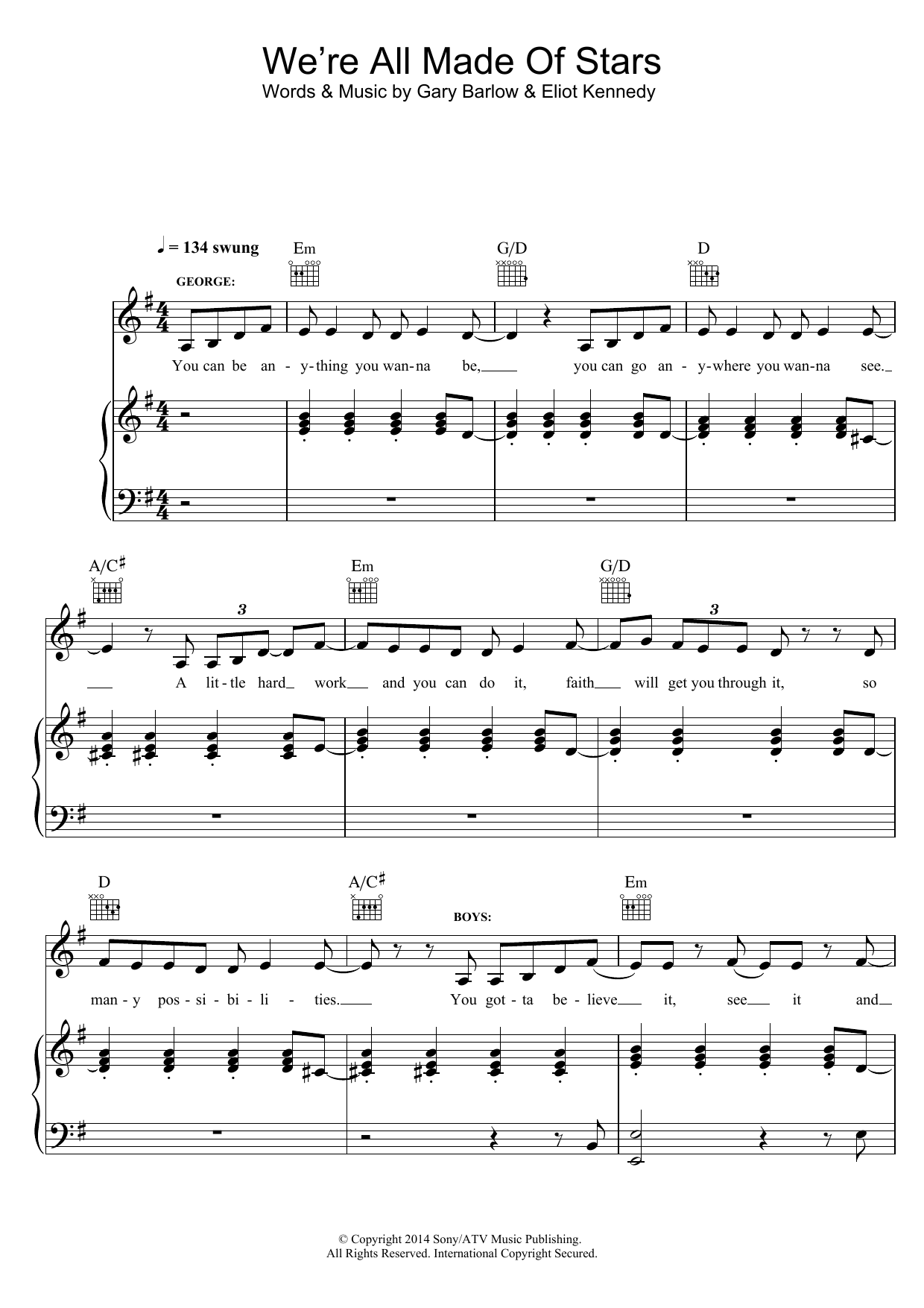 Download Gary Barlow & Eliot Kennedy We're All Made Of Stars (from 'Finding Neverland') Sheet Music and learn how to play Piano, Vocal & Guitar (Right-Hand Melody) PDF digital score in minutes