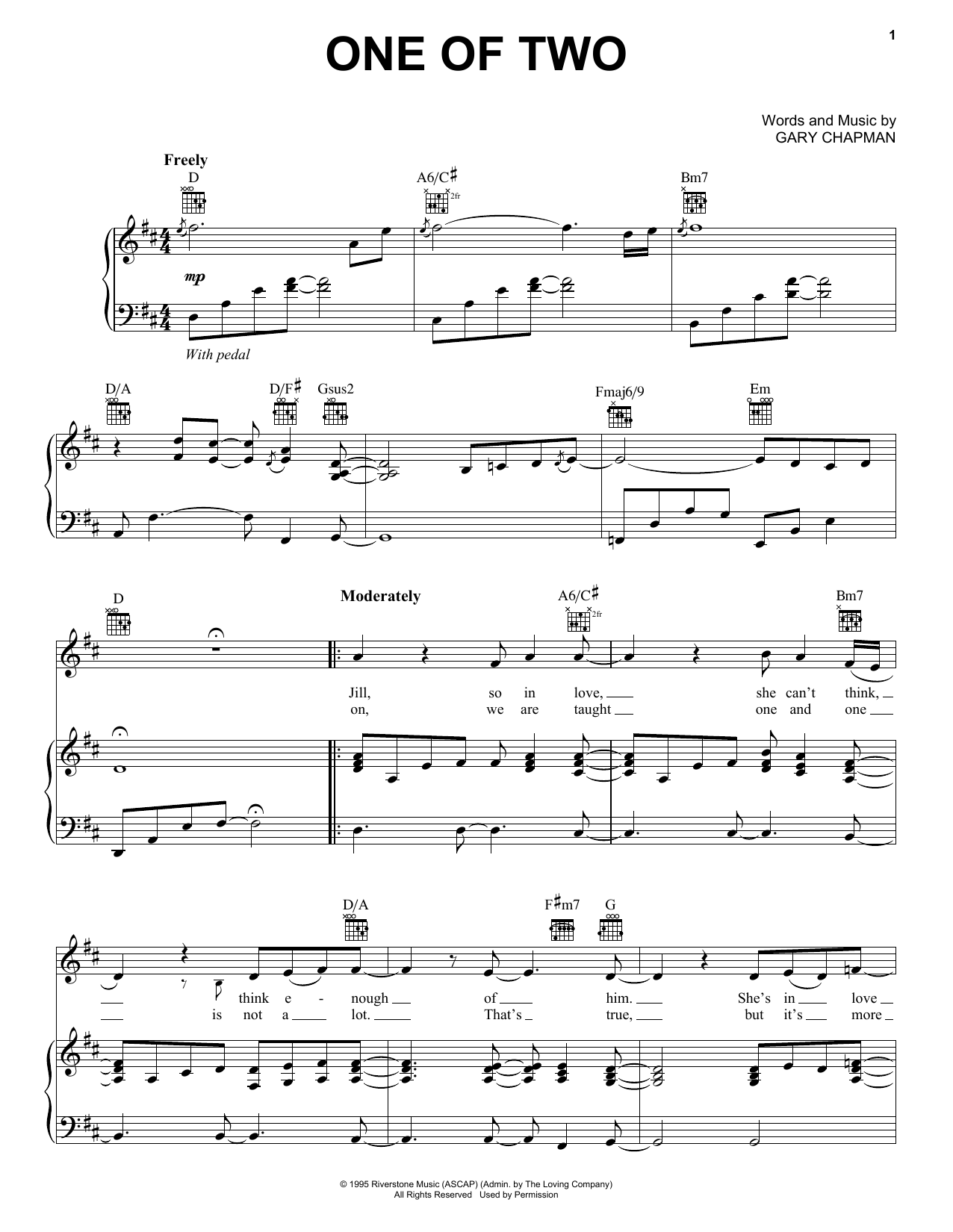 Download Gary Chapman One Of Two Sheet Music and learn how to play Piano, Vocal & Guitar Chords (Right-Hand Melody) PDF digital score in minutes