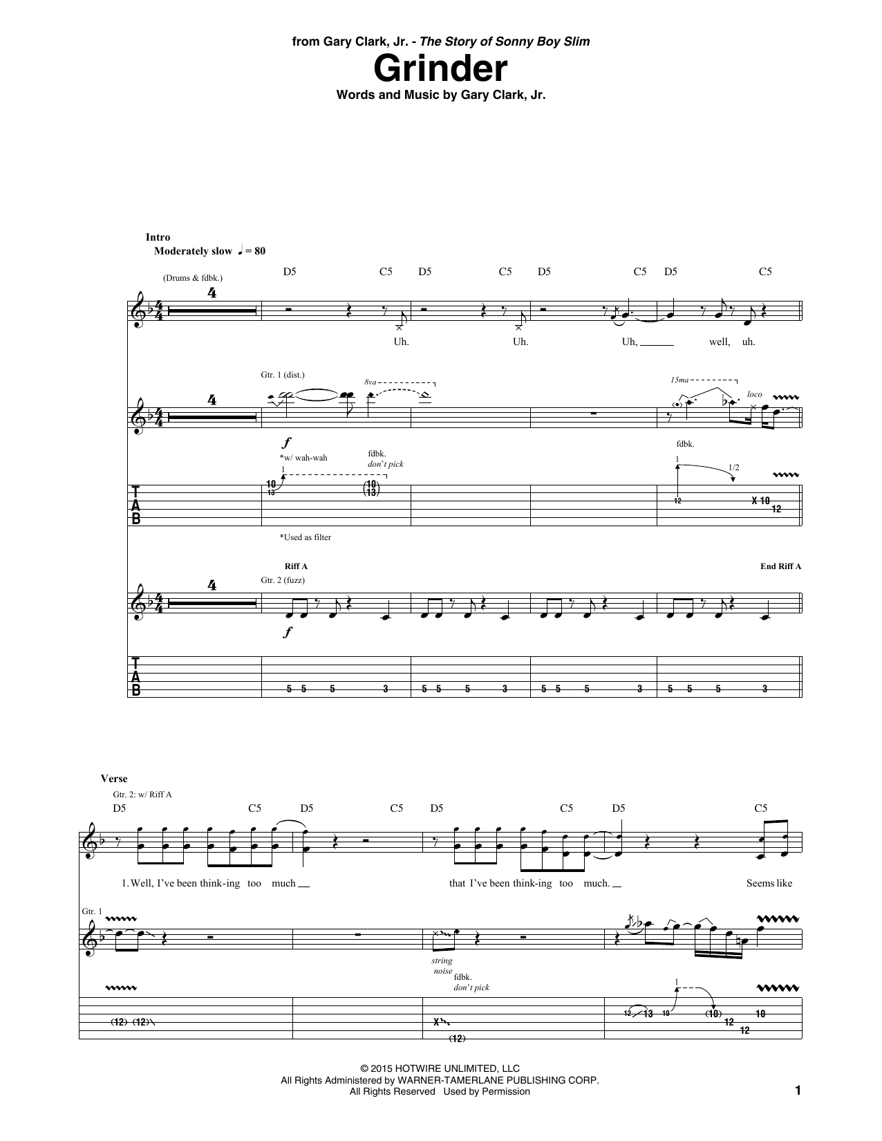 Download Gary Clark, Jr. Grinder Sheet Music and learn how to play Guitar Tab PDF digital score in minutes