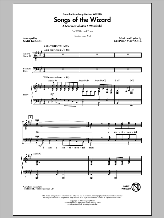Download Stephen Schwartz Songs of the Wizard (from Wicked) (arr. Gary Eckert) Sheet Music and learn how to play TTBB PDF digital score in minutes