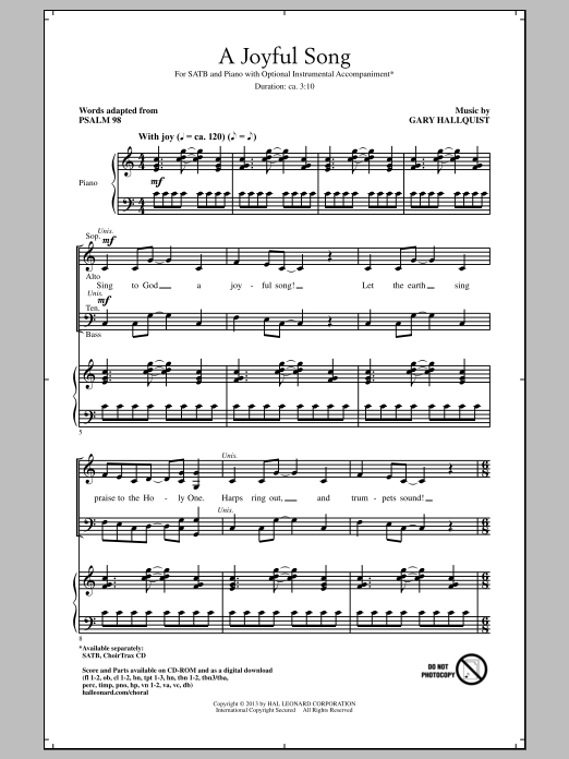 Download Gary Hallquist A Joyful Song Sheet Music and learn how to play SATB PDF digital score in minutes