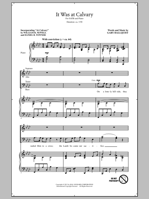 Download Gary Hallquist It Was At Calvary Sheet Music and learn how to play SATB PDF digital score in minutes