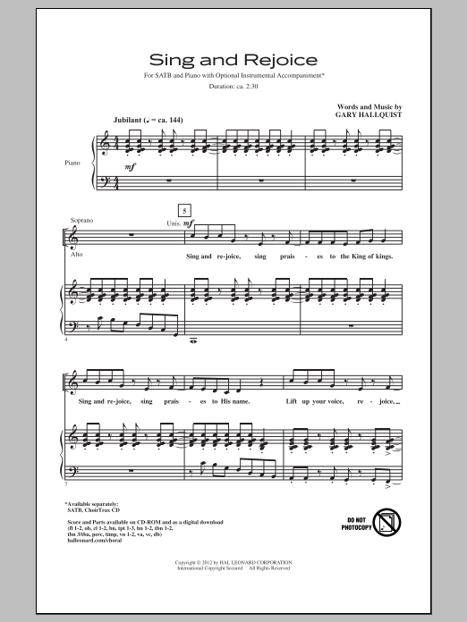 Download Gary Hallquist Sing And Rejoice Sheet Music and learn how to play SATB PDF digital score in minutes