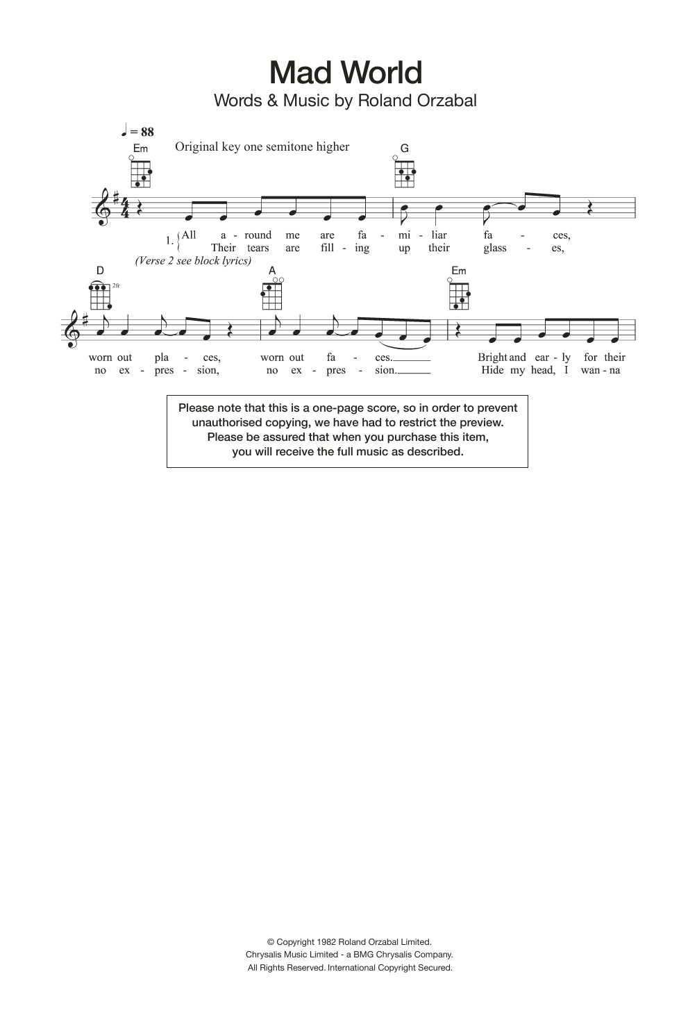 Download Michael Andrews Mad World (feat. Gary Jules) Sheet Music and learn how to play Ukulele PDF digital score in minutes