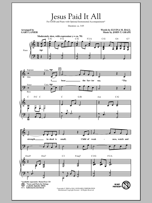 Download John T. Grape Jesus Paid It All (arr. Gary Lanier) Sheet Music and learn how to play SATB PDF digital score in minutes