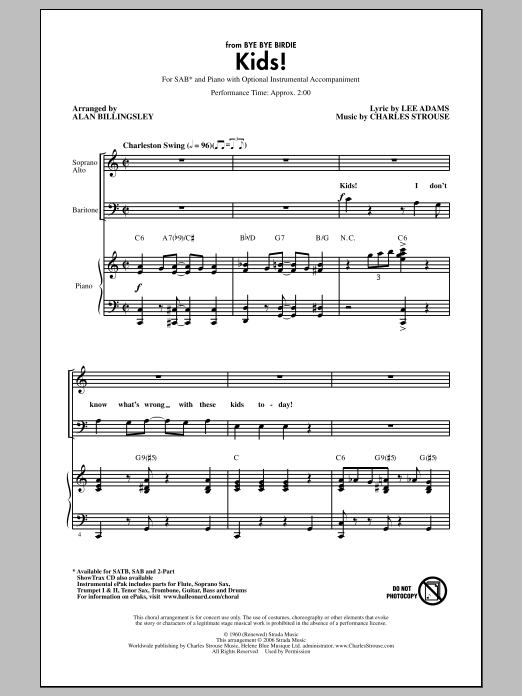 Download Charles Strouse Kids! (arr. Alan Billingsley) Sheet Music and learn how to play SAB PDF digital score in minutes