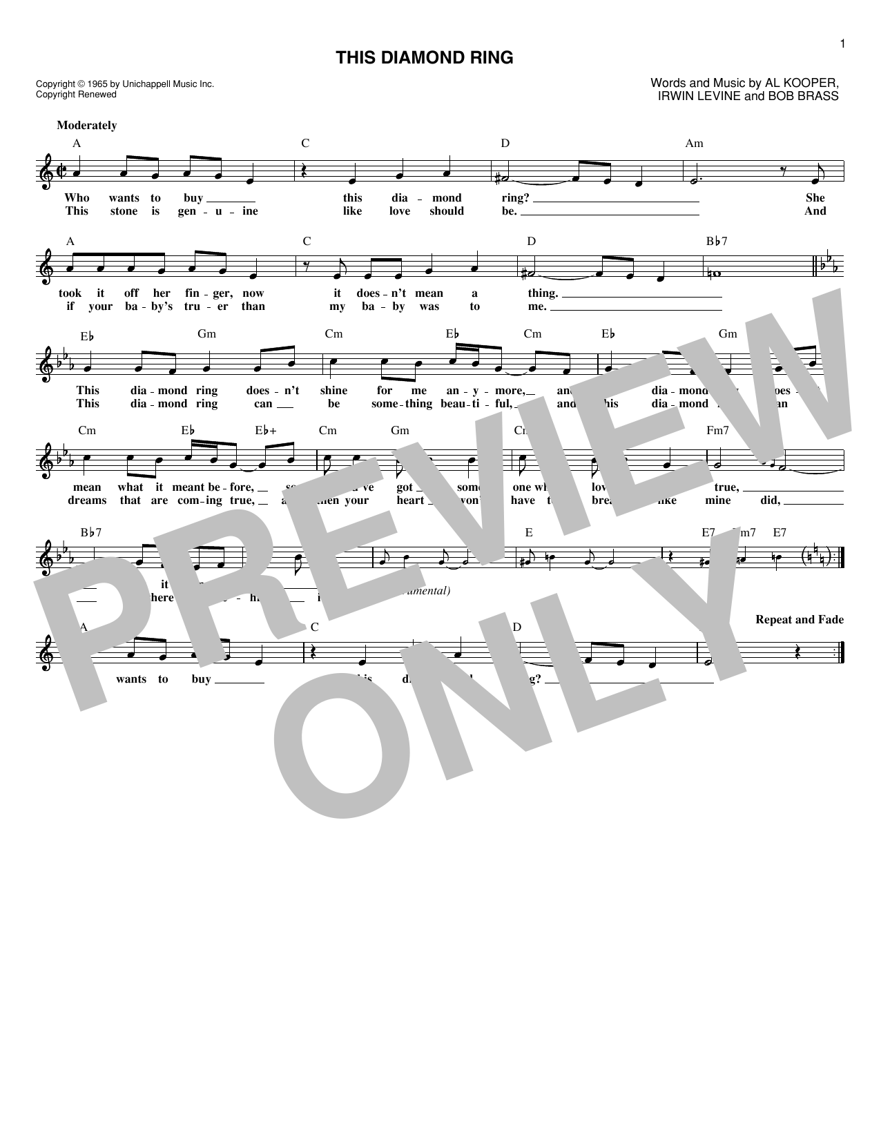 Download Gary Lewis & The Playboys This Diamond Ring Sheet Music and learn how to play Melody Line, Lyrics & Chords PDF digital score in minutes
