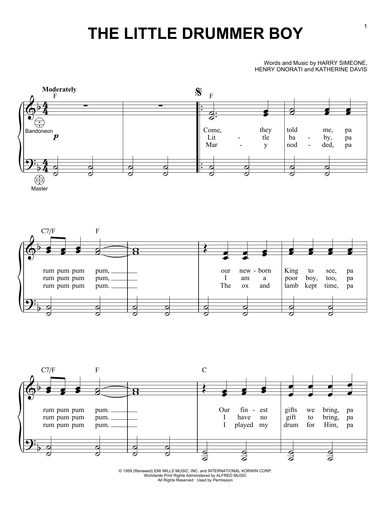 Download Katherine K. Davis The Little Drummer Boy Sheet Music and learn how to play Accordion PDF digital score in minutes