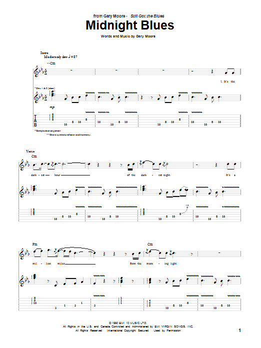 Download Gary Moore Midnight Blues Sheet Music and learn how to play Guitar Tab Play-Along PDF digital score in minutes