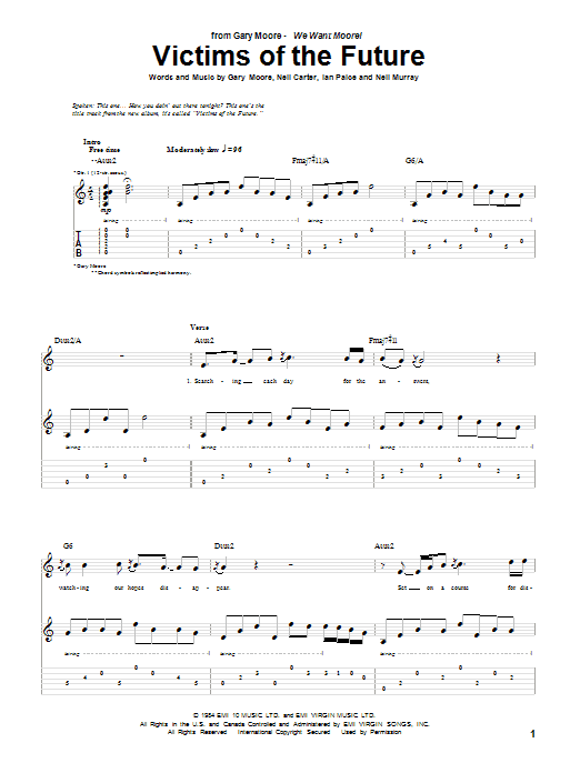 Download Gary Moore Victims Of The Future Sheet Music and learn how to play Guitar Tab PDF digital score in minutes